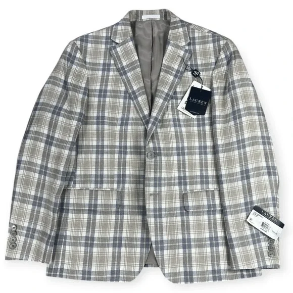 Lauren Ralph Lauren Lassiter 100% Linen Plaid Sport Coat Blazer 40S Cream Grey - Picture 3 of 16